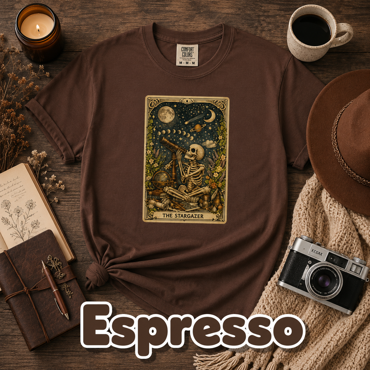 The Stargazer Tarot Skeleton T-Shirt | Celestial Gothic Mystic Graphic Tee