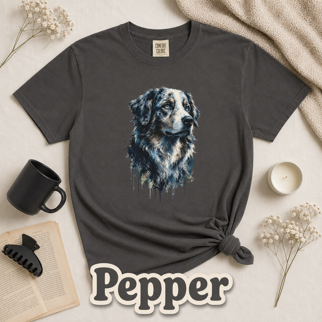 Australian Shepherd Shirt, Aussie Dog Graphic Tee, Dog Lover Gift, Artistic Pet Portrait T-Shirt, Western Farm Dog Comfort Colors Tee