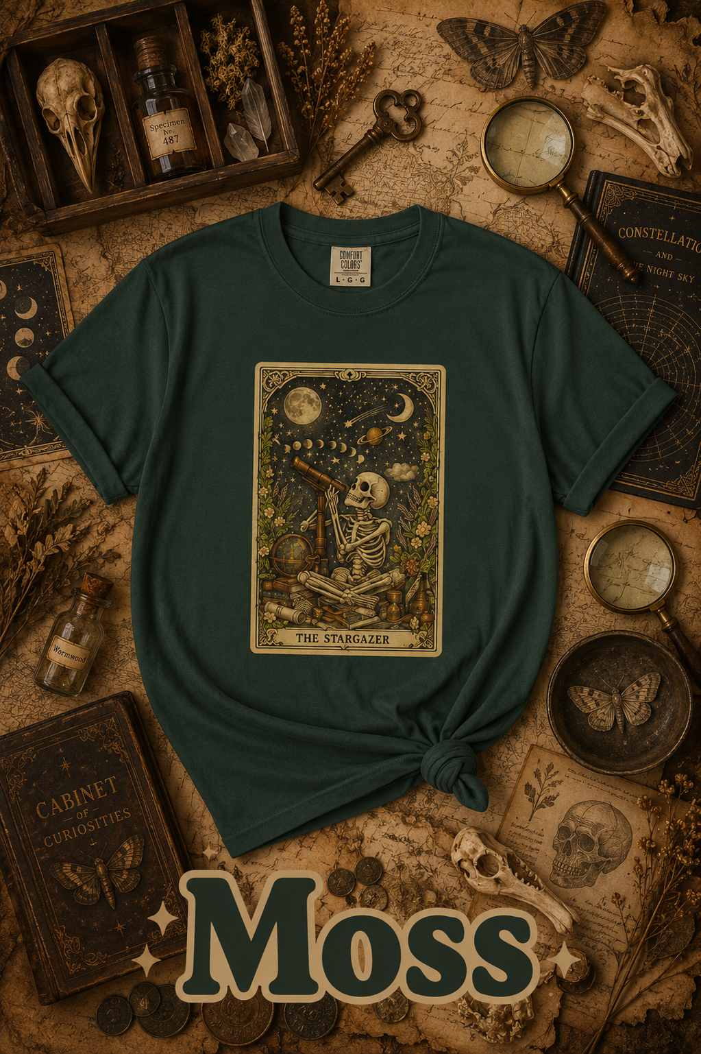 The Stargazer Skeleton Celestial Tarot Graphic T-Shirt