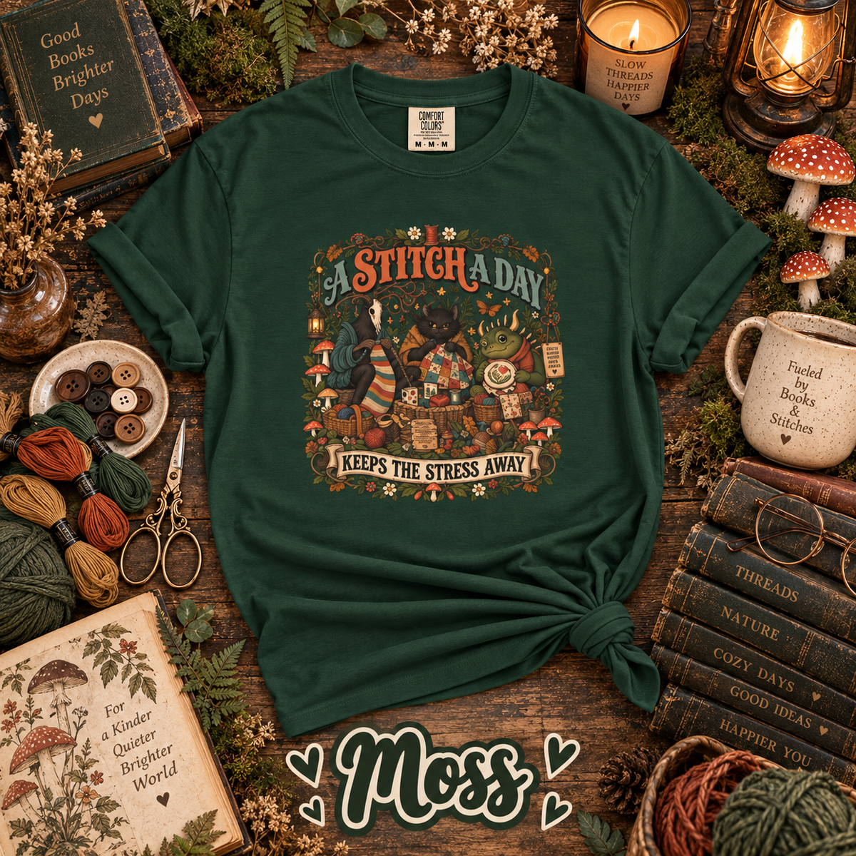 A Stitch a Day Keeps the Stress Away T-Shirt | Cozy Cryptid Craft Tee