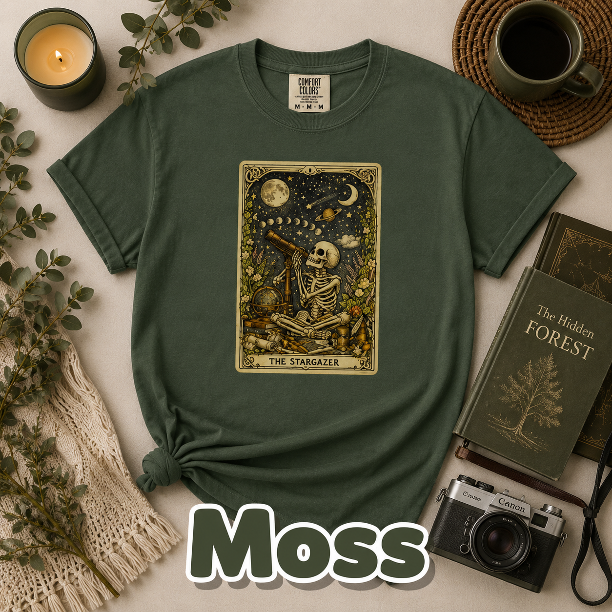 The Stargazer Tarot Skeleton T-Shirt | Celestial Gothic Mystic Graphic Tee