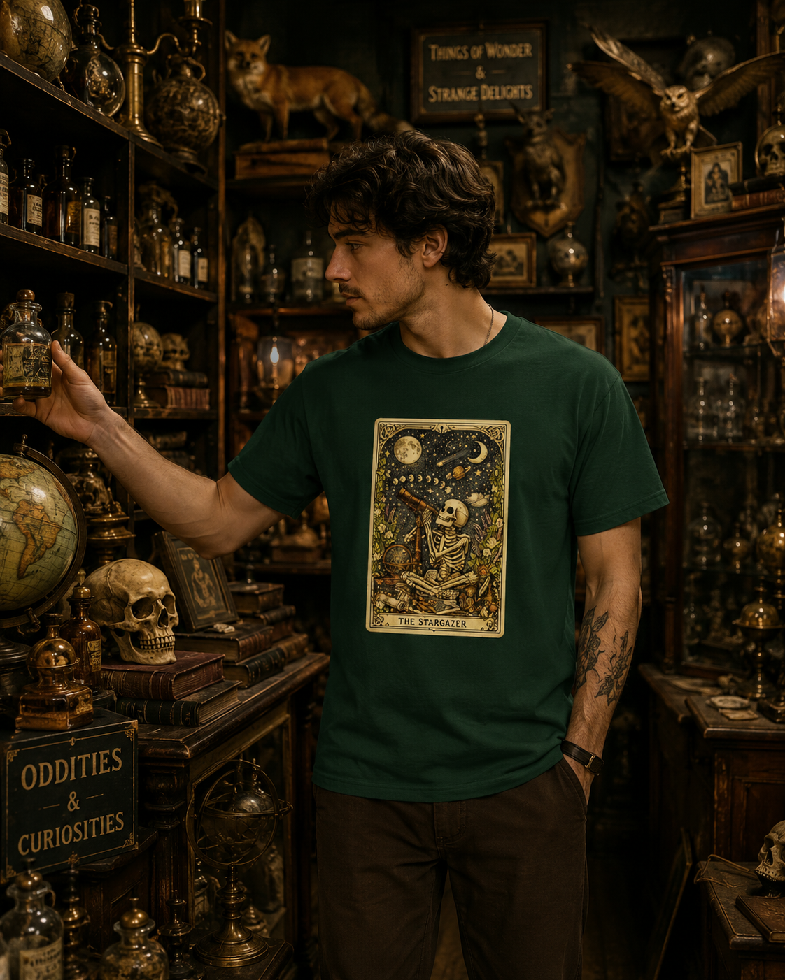 The Stargazer Tarot Skeleton T-Shirt | Celestial Gothic Mystic Graphic Tee
