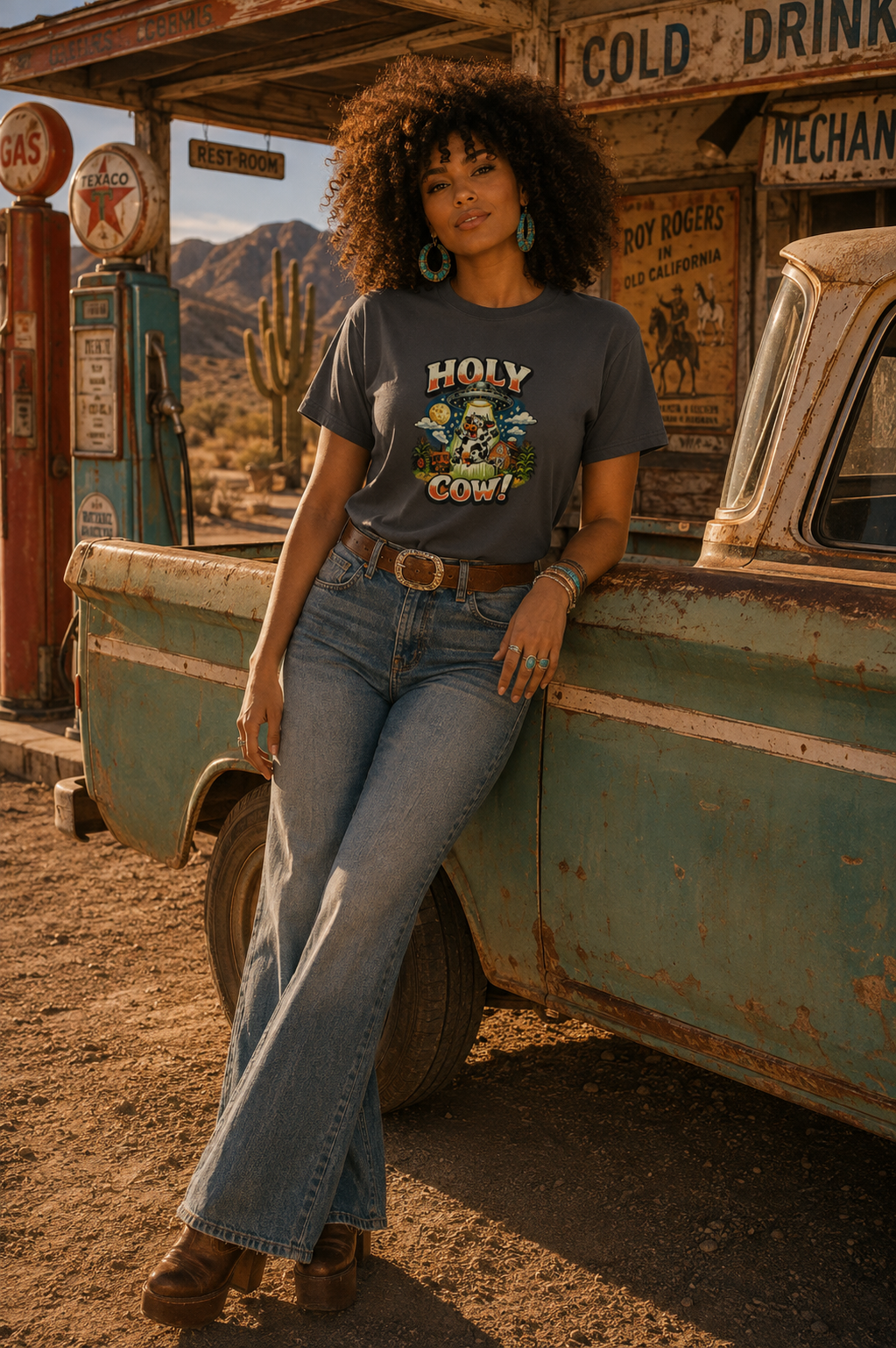 Holy Cow UFO Alien Abduction Funny Graphic T-Shirt