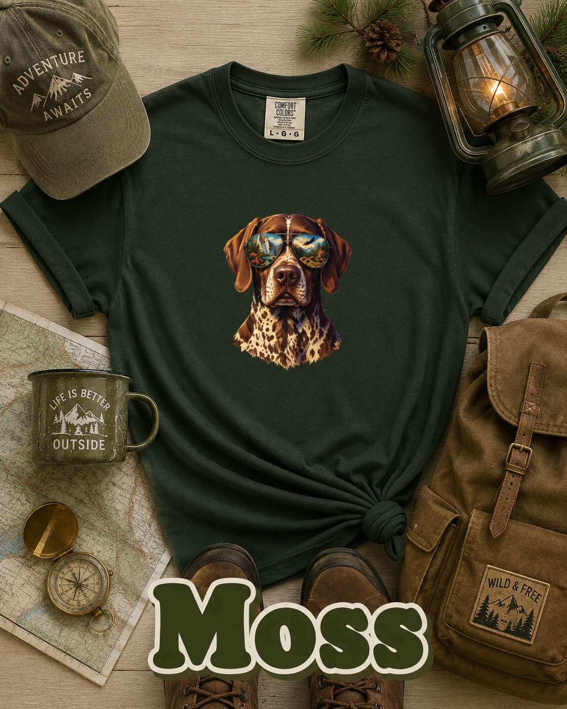 Adventure German Shorthaired Pointer Graphic T-Shirt | Scenic Aviator Dog Lover Tee | Outdoors & Hunting Dog Shirt