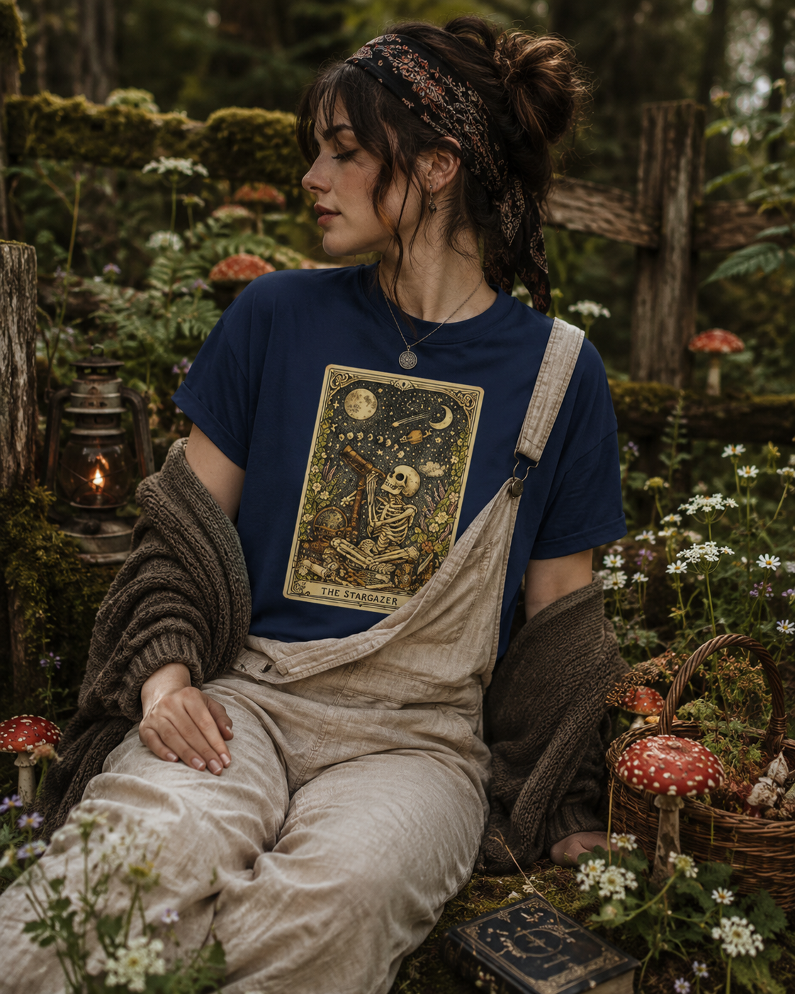 The Stargazer Tarot Skeleton T-Shirt | Celestial Gothic Mystic Graphic Tee