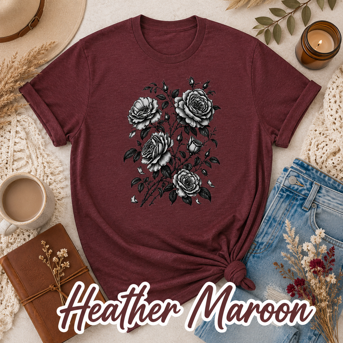 Vintage Rose T-Shirt | Black & White Botanical Floral Tee