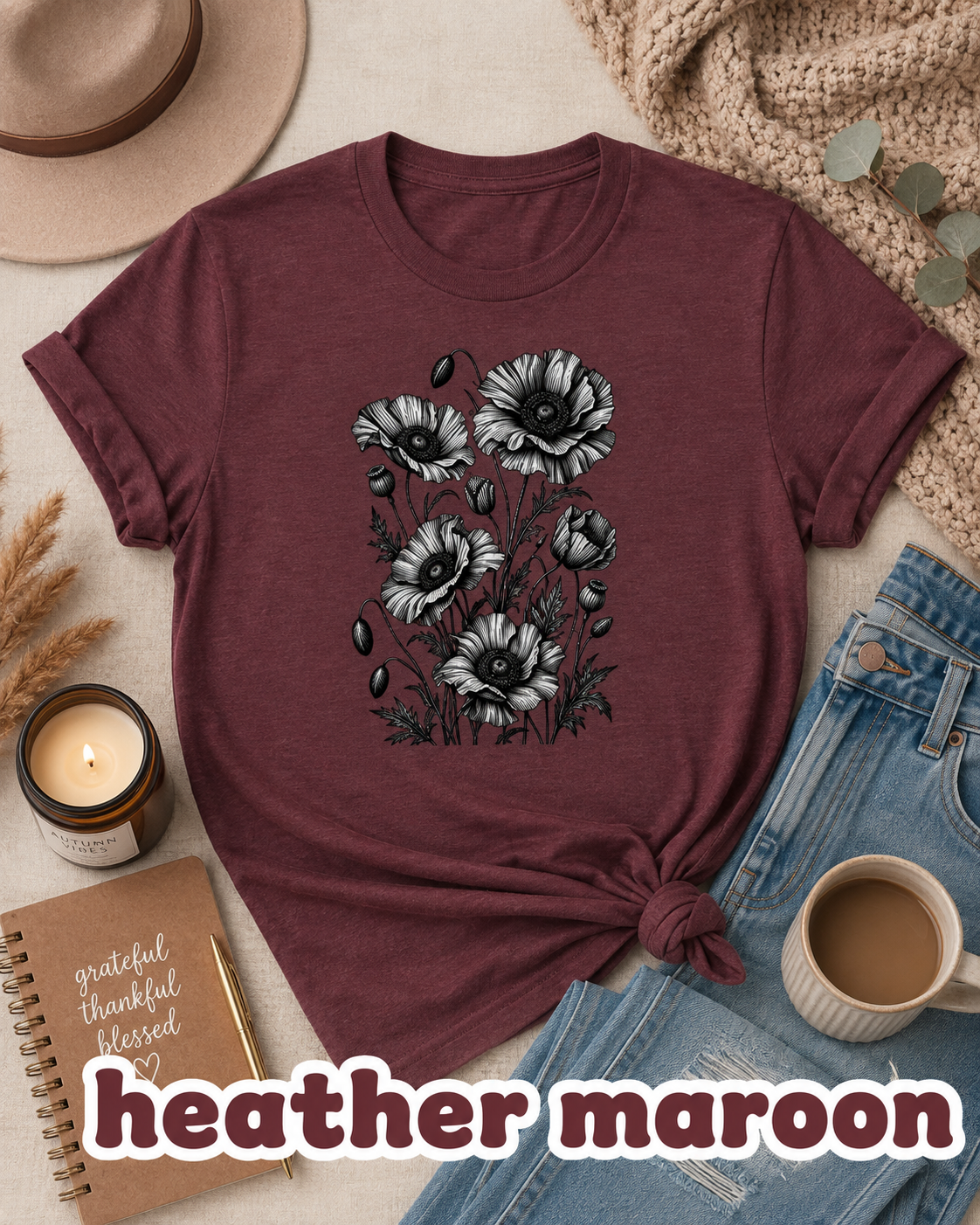 Vintage Poppy Flower T-Shirt | Botanical Floral Graphic Tee