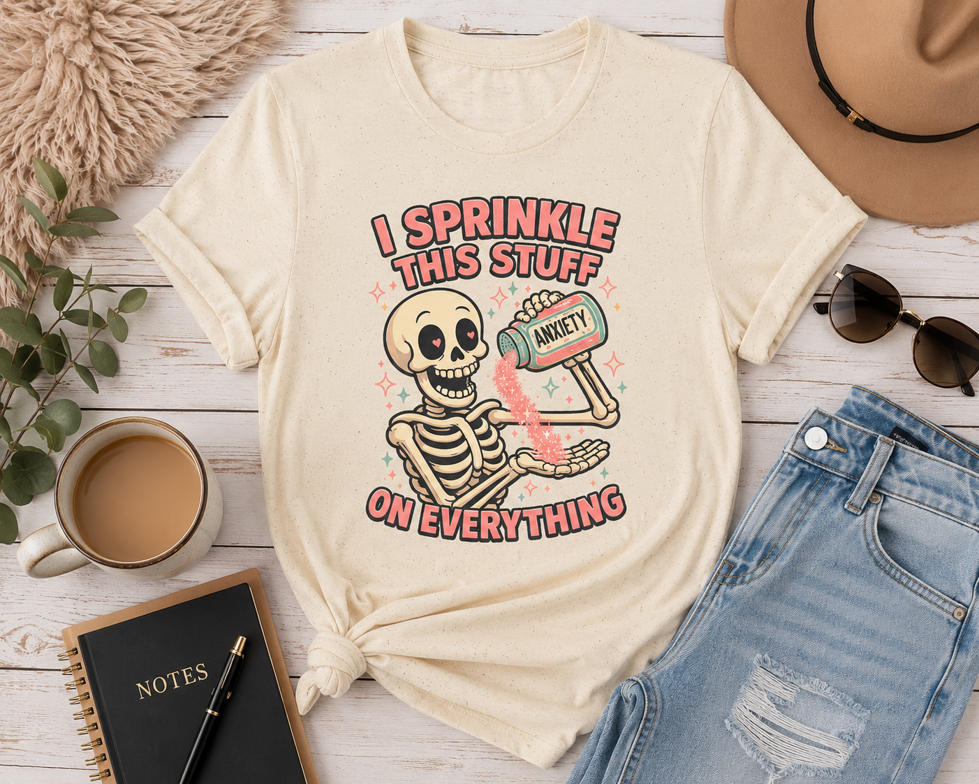 Funny Anxiety Skeleton T-Shirt | I Sprinkle This Stuff on Everything Graphic Tee